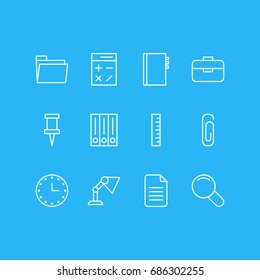 Vector Illustration Of 12 Instruments Icons. Editable Pack Of Paperclip, Zoom, Dossier And Other Elements.