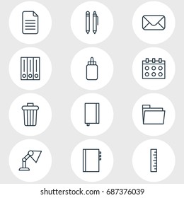 Vector Illustration Of 12 Instruments Icons. Editable Pack Of Garbage Container, Textbook, Adhesive And Other Elements.
