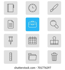 Vector Illustration Of 12 Instruments Icons. Editable Pack Of Textbook, Meter, Dossier And Other Elements.