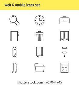Vector Illustration Of 12 Instruments Icons. Editable Pack Of Copybook, Zoom, Pencil And Other Elements.