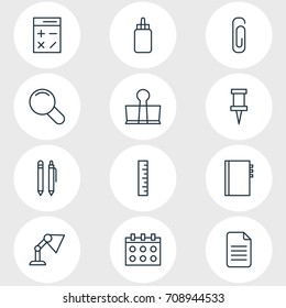 Vector Illustration Of 12 Instruments Icons. Editable Pack Of Paperclip, Folder, Illuminator And Other Elements.