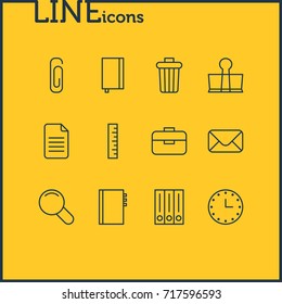 Vector Illustration Of 12 Instruments Icons. Editable Pack Of Textbook, Binder Clip, Zoom And Other Elements.
