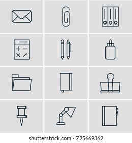 Vector Illustration Of 12 Instruments Icons. Editable Pack Of Textbook, Letter, Adhesive And Other Elements.