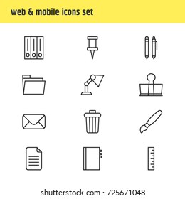 Vector Illustration Of 12 Instruments Icons. Editable Pack Of Letter, Garbage Container, Textbook And Other Elements.