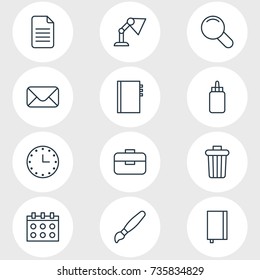 Vector Illustration Of 12 Instruments Icons. Editable Pack Of Textbook, Garbage Container, Portfolio And Other Elements.
