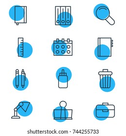 Vector Illustration Of 12 Instruments Icons. Editable Pack Of Pencil, Illuminator, Portfolio And Other Elements.