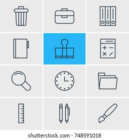 Vector Illustration Of 12 Instruments Icons. Editable Pack Of Zoom, Textbook, Paint And Other Elements.