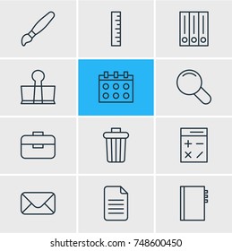 Vector Illustration Of 12 Instruments Icons. Editable Pack Of Folder, Binder Clip, Archive And Other Elements.