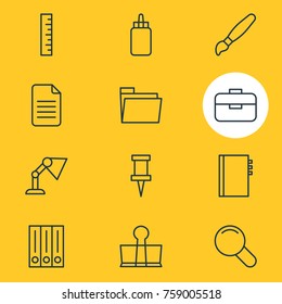Vector Illustration Of 12 Instruments Outline Icons. Editable Set Of Zoom, Binder Clip, Folder And Other Elements.