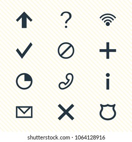 Vector illustration of 12 interface icons. Editable set of cancel, information, add and other icon elements.