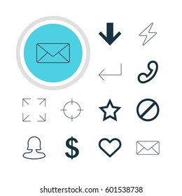 Vector Illustration Of 12 Interface Icons. Editable Pack Of Envelope, Emotion, Wide Monitor And Other Elements.