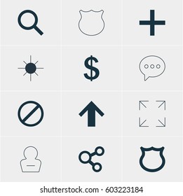 Vector Illustration Of 12 Interface Icons. Editable Pack Of Publish, Top, Full Brightness And Other Elements.