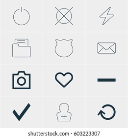 Vector Illustration Of 12 Interface Icons. Editable Pack Of Register Account, Emotion, Minus And Other Elements.