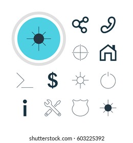 Vector Illustration Of 12 Interface Icons. Editable Pack Of Info, Publish, Sunshine And Other Elements.