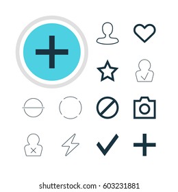 Vector Illustration Of 12 Interface Icons. Editable Pack Of Man Member, Bolt, Asterisk And Other Elements.