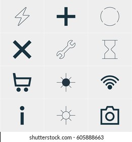 Vector Illustration Of 12 Interface Icons. Editable Pack Of Wheelbarrow, Hourglass, Snapshot And Other Elements.