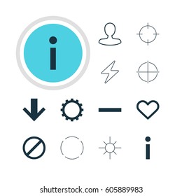 Vector Illustration Of 12 Interface Icons. Editable Pack Of Minus, Bolt, Cogwheel And Other Elements.