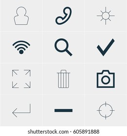 Vector Illustration Of 12 Interface Icons. Editable Pack Of Confirm, Wide Monitor, Sunshine And Other Elements.