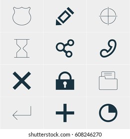 Vector Illustration Of 12 Interface Icons. Editable Pack Of Dossier , Pen , Handset Elements.