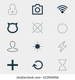 Vector Illustration Of 12 Interface Icons. Editable Pack Of Conservation, Cordless Connection, Hourglass And Other Elements.