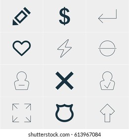 Vector Illustration Of 12 Interface Icons. Editable Pack Of Wide Monitor, Upward, Approved Profile And Other Elements.