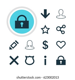 Vector Illustration Of 12 Interface Icons. Editable Pack Of Publish, Padlock, Info And Other Elements.