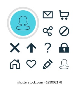 Vector Illustration Of 12 Interface Icons. Editable Pack Of Mainpage, Female User, Wheelbarrow And Other Elements.