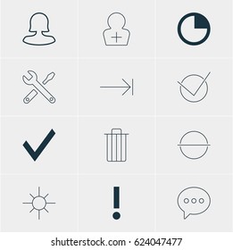 Vector Illustration Of 12 Interface Icons. Editable Pack Of Garbage, Yes, Tabulation Button And Other Elements.