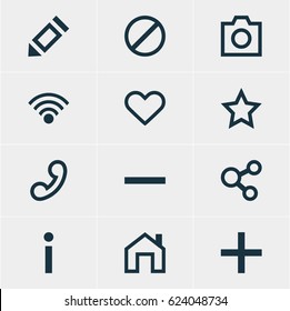 Vector Illustration Of 12 Interface Icons. Editable Pack Of Minus, Mainpage, Snapshot And Other Elements.