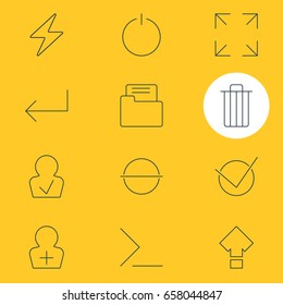 Vector Illustration Of 12 Interface Icons. Editable Pack Of Approved Profile, Displacement, Wide Monitor And Other Elements.