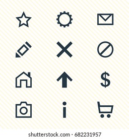 Vector Illustration Of 12 Interface Icons. Editable Pack Of Mainpage, Letter, Wheelbarrow And Other Elements.
