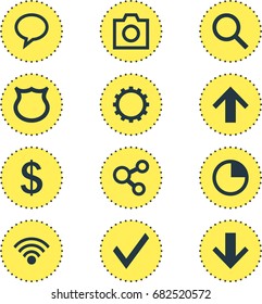Vector Illustration Of 12 Interface Icons. Editable Pack Of Cogwheel, Cordless Connection, Confirm And Other Elements.