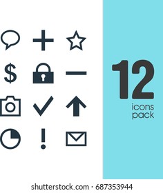 Vector Illustration Of 12 Interface Icons. Editable Pack Of Plus, Snapshot, Padlock And Other Elements.