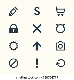 Vector Illustration Of 12 Interface Icons. Editable Pack Of Padlock, Snapshot, Shield And Other Elements.