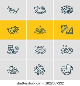 Vector illustration of 12 international food icons line style. Editable set of macarons, american sandwiches, russian pelmeni icon elements.
