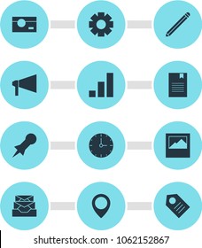 Vector illustration of 12 internet icons. Editable set of location mark, pencil, progress bar and other icon elements.