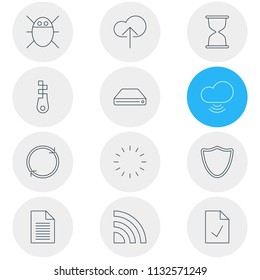 Vector illustration of 12 internet icons line style. Editable set of approved page, bug, cloud network and other icon elements.