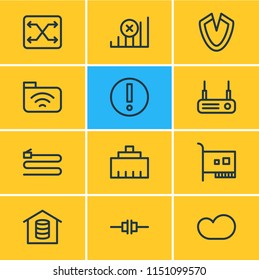 Vector illustration of 12 internet icons line style. Editable set of cloud storage, wired, controller and other icon elements.