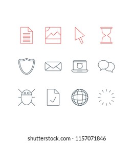 Vector illustration of 12 internet icons line style. Editable set of approved page, chat, hourglass and other icon elements.