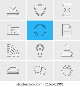 Vector illustration of 12 internet icons line style. Editable set of shield, bug, hourglass and other icon elements.
