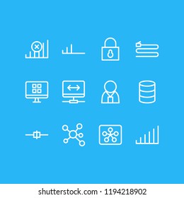 Vector illustration of 12 internet icons line style. Editable set of no connection, administrator, security and other icon elements.