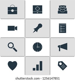 Vector illustration of 12 internet icons. Editable set of search, announce, heart and other icon elements.