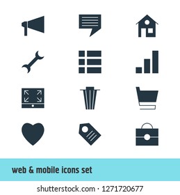 Vector illustration of 12 internet icons. Editable set of home, bin, announce and other icon elements.