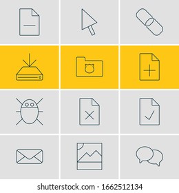 Vector illustration of 12 internet icons line style. Editable set of delete document, protected folder, approved page and other icon elements.