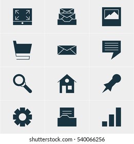 Vector Illustration Of 12 Internet Icons. Editable Pack Of Gear, House, Chat And Other Elements.