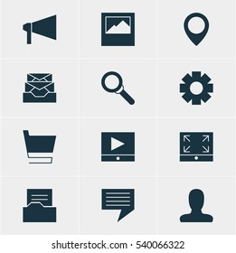 Vector Illustration Of 12 Internet Icons. Editable Pack Of Messages, Gear, Play Button And Other Elements.
