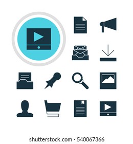 Vector Illustration Of 12 Internet Icons. Editable Pack Of Thumbtack, Trolley, Bullhorn And Other Elements.