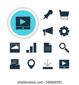 Vector Illustration Of 12 Internet Icons. Editable Pack Of Increase Chart, Magnifier, Play Button And Other Elements.