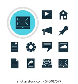 Vector Illustration Of 12 Internet Icons. Editable Pack Of Chat, Document, Bookmark And Other Elements.