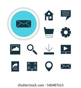 Vector Illustration Of 12 Internet Icons. Editable Pack Of Landscape Photo, Play Button, Maximize Elements.